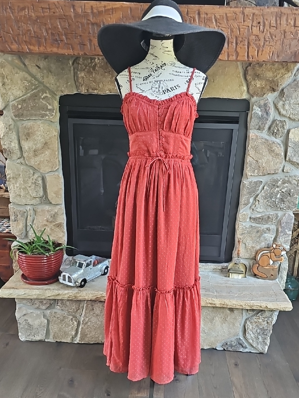 Boho Rust Burnt Orange Smocked Maxi Dress | Adjustable Straps | S/M